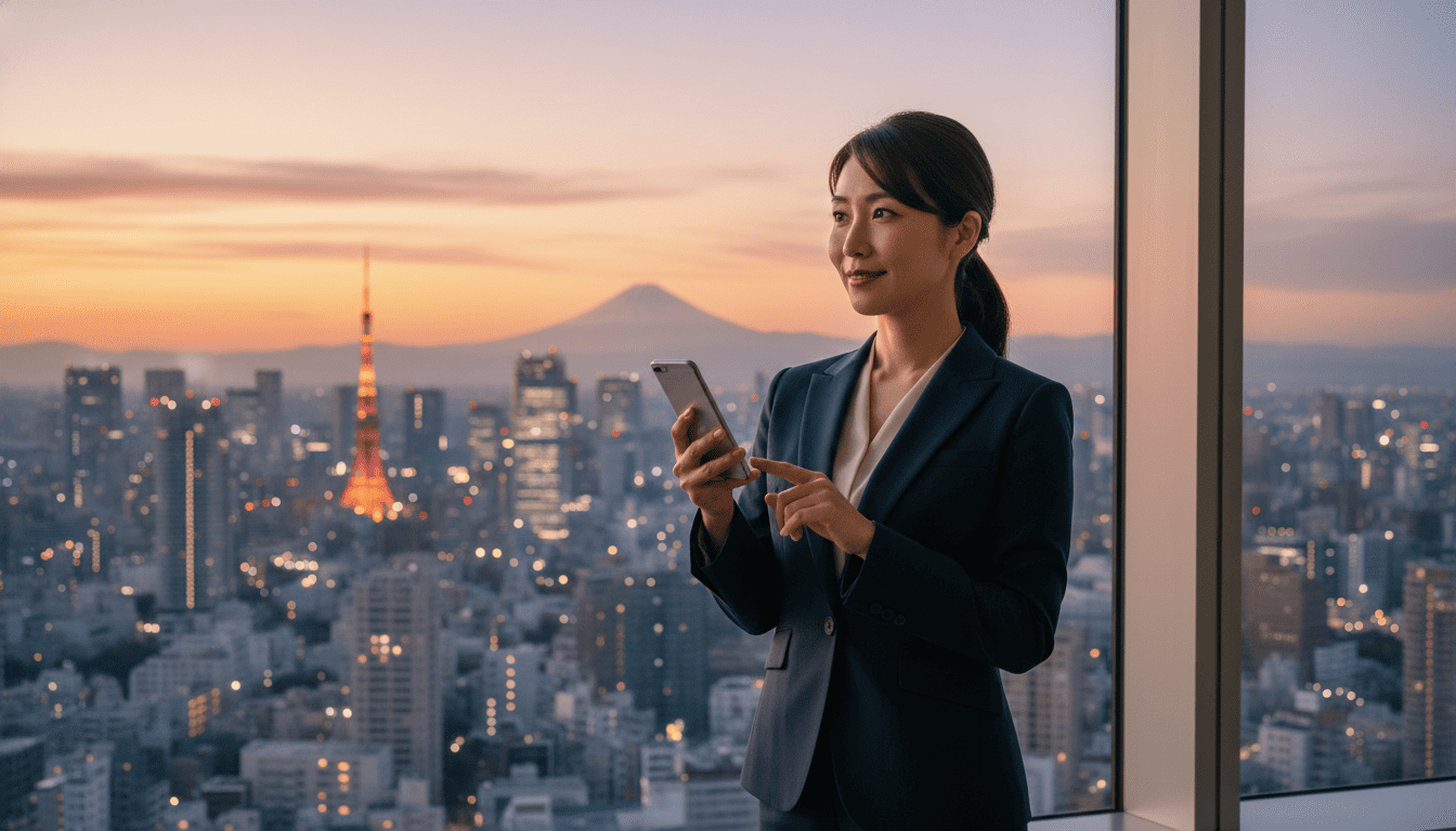 夕暮れ時の東京と千葉のパノラマビューを背景に、大きな窓の前に立つ自信に満ちたビジネスパーソン。スマートフォンを手に、輝かしい未来を見据えている様子。
