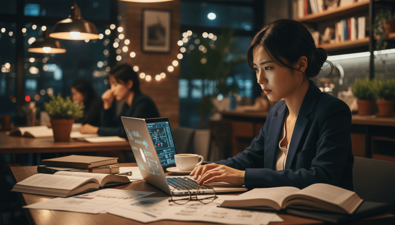夜のおしゃれなカフェで、ラップトップを使いAIの学習に励む若い日本人女性。テーブルには本やノートが広げられ、画面上の複雑な図表を真剣な表情で見つめている。