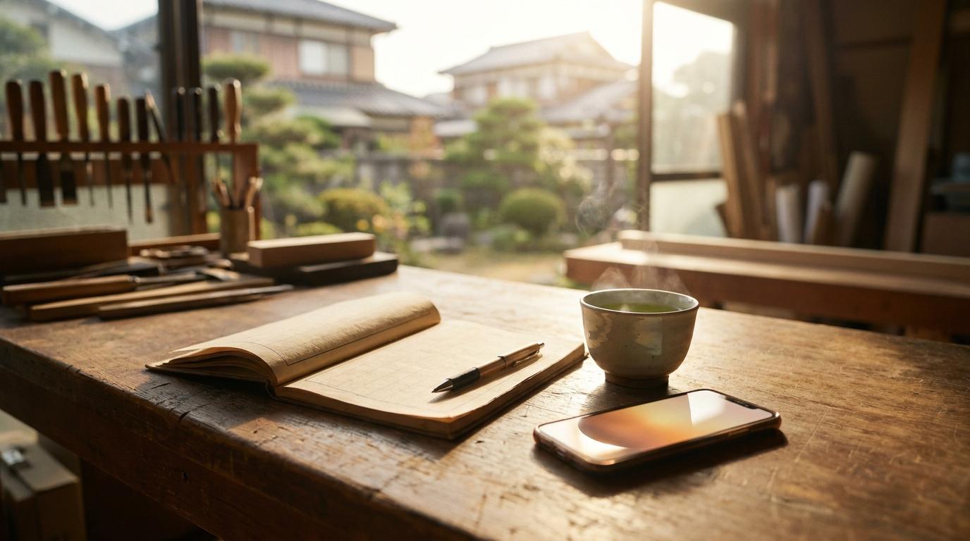 日当たりの良い職人の木製デスクの上で、伝統的なノートと温かいお茶の横に置かれ、相棒のように優しく光るスマートフォン。