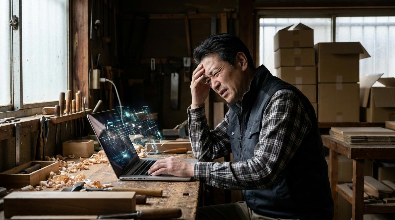 伝統的な工房で、複雑なデジタルパターンが表示されたノートパソコンを前に、困惑しながら見つめる作業服姿の50代の日本人男性店主。