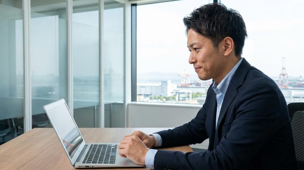 千葉のモダンなオフィスで、真剣な表情でノートパソコンに向かう30代の日本人ビジネスマン。窓の外には千葉の産業と海岸の風景が広がっている。