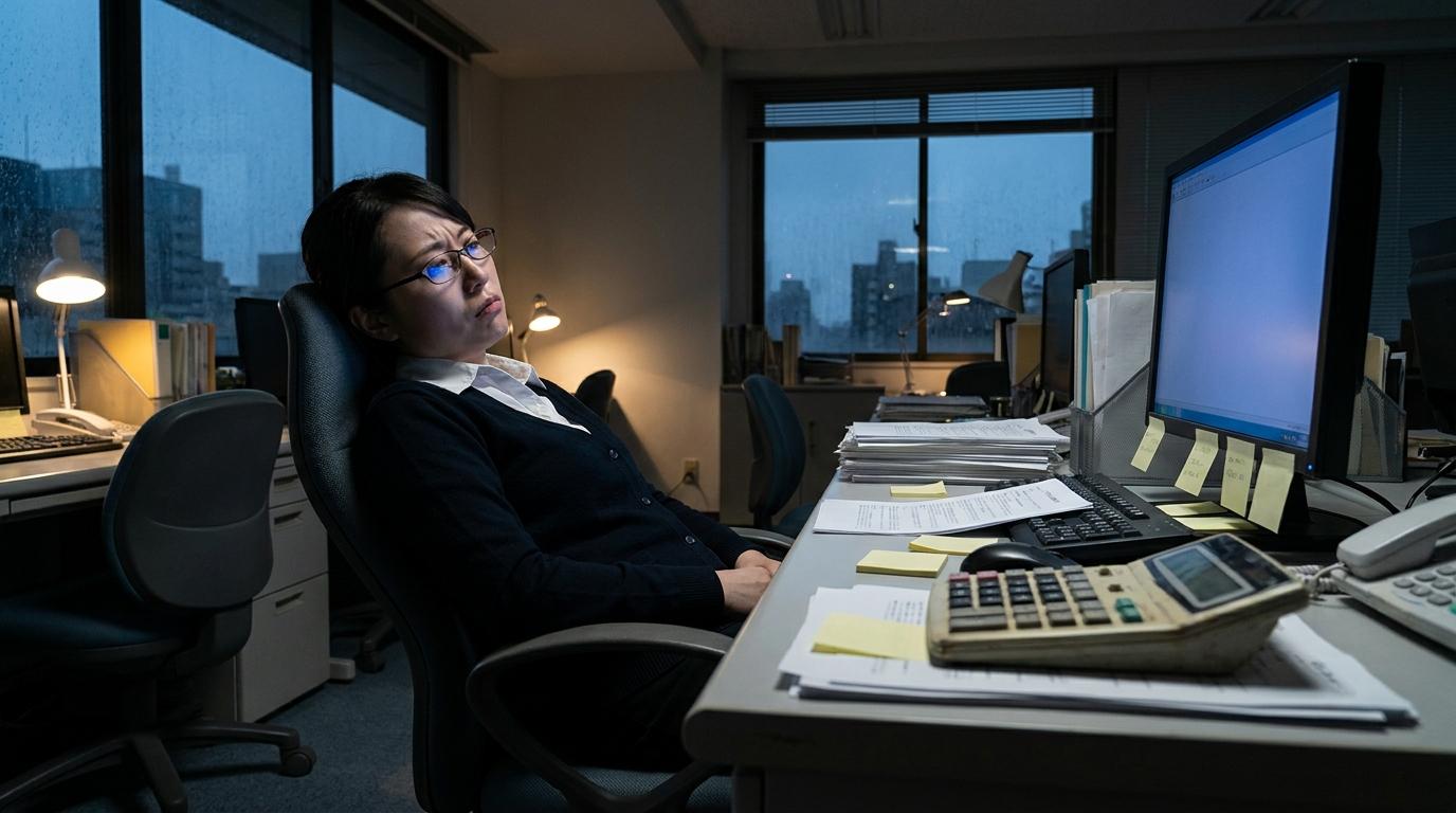 夜の静かなオフィスで、ストレスを感じた表情で椅子にもたれかかり、青白い光を放つモニターを見つめる一人の日本人女性会社員。