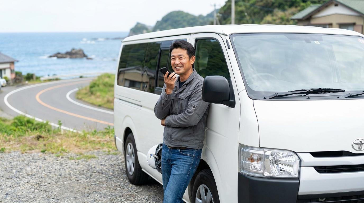 千葉の海岸沿いの道路に停めた白い作業車の横で、スマートフォンに笑顔で語りかけ、音声入力機能を活用する晴れやかな表情の40代の日本人男性。
