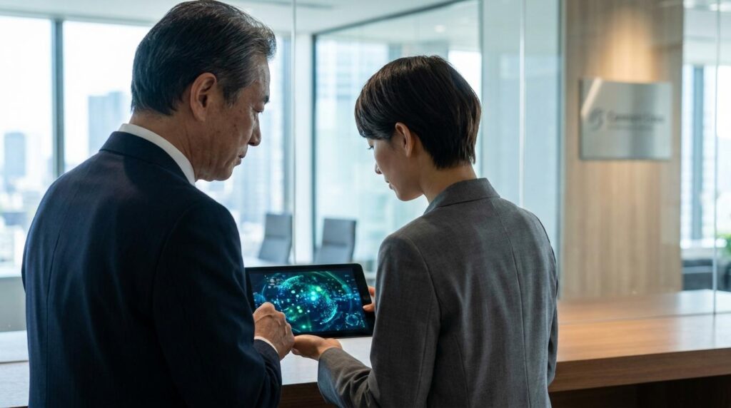 モダンなワークスペースで、タブレットを囲んでデータ分析の相談をする年配の日本人ビジネスマンと女性講師。