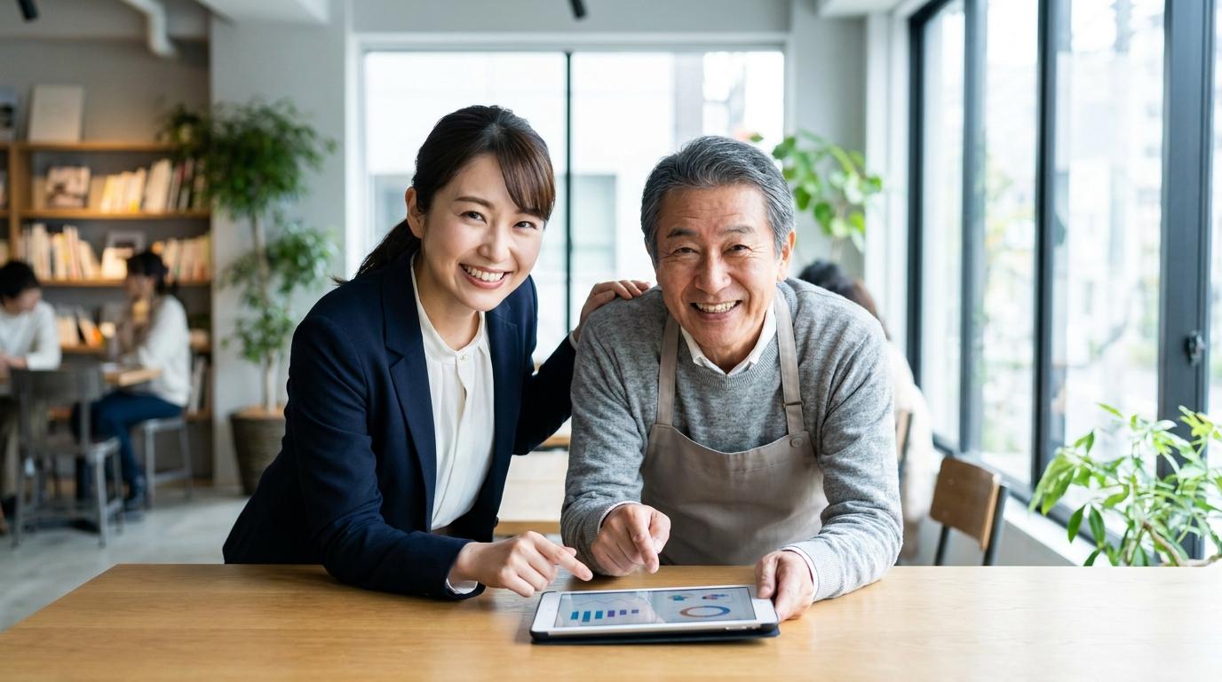 明るくモダンなカフェ風の空間で、タブレットを一緒に見ながら笑顔で親身に相談に乗る女性コンサルタントと、それに応える年配の店主。