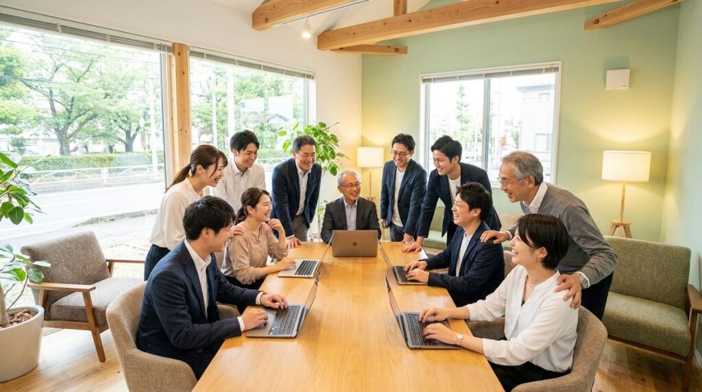 千葉の明るいパソコンスクールで、ノートパソコンを囲んで楽しそうに議論や交流をする幅広い年齢層のビジネスパーソンたち。